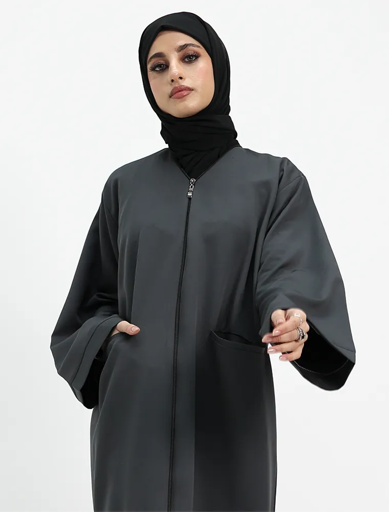 Grey Front Zip Open Abaya